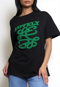 Lovely Slogan T-Shirt In Black/Green