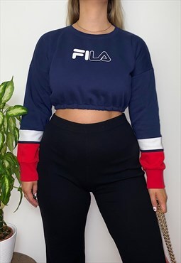 Vintage Reworked Fila Navy Red Spell Out Cropped Sweatshirt
