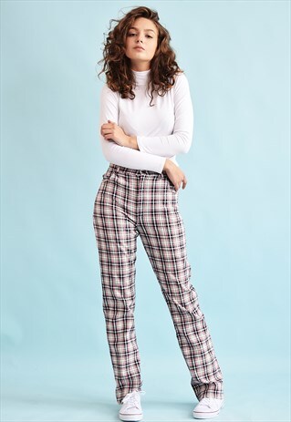 90'S RETRO TARTAN CHECKED REGULAR WAIST TROUSERS