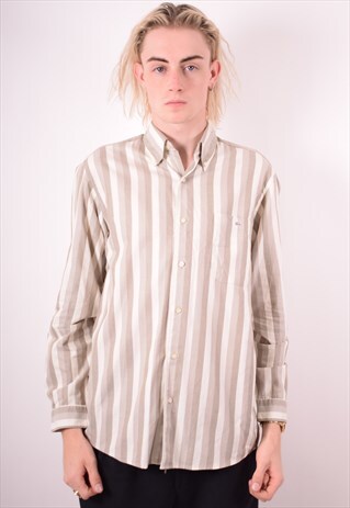 LACOSTE MENS VINTAGE SHIRT MEDIUM GREY STRIPES 90S