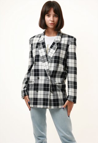 90S VINTAGE CHECKED LONG MAXI BLAZER OVERSIZED JACKET 1032