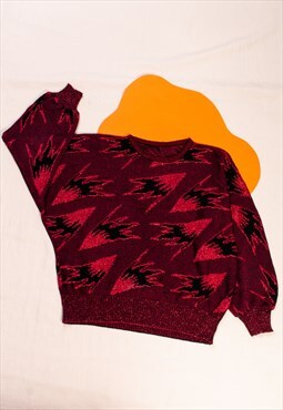 Vintage Jumper 80s Knitted Weird Sweater in Glitter Red