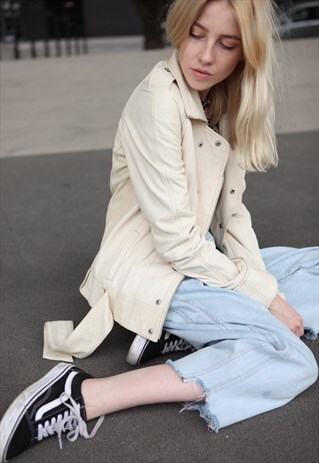 VINTAGE 90'S DIESEL BEIGE LEATHER BIKER JACKET