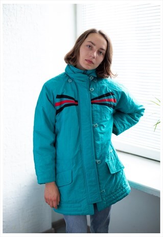 VINTAGE 80'S EMERALD GREEN HIGH COLLAR PUFFER PARKA COAT