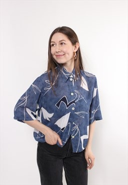 90s abstract print blue color blouse, vintage summer top
