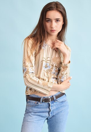 90'S RETRO FLORAL PRINT STRIPED KITSCH TEEN TOP