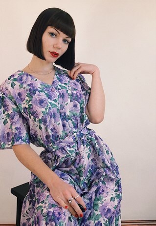 CUTE VINTAGE 80S PURPLE FLORAL MIDI DRESS