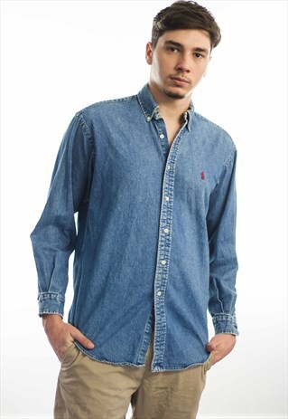 VINTAGE POLO RALPH LAUREN LOGO DENIM SHIRT 90S S 16.5