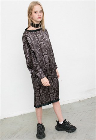 VINTAGE SNAKE PATTERN ASYMMETRICAL DARK PURPLE MIDI DRESS
