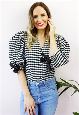 VINTAGE 80'S CHECKERED BALLOON SLEEVE BOW SHIRT BLOUSE