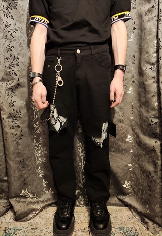 SLIM STRAIGHT FIT CHAIN SNAKE REWORKED PYTHON PATCH JEANS