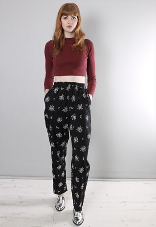 VINTAGE 80S BLACK PATTERNED TAPERED TROUSERS
