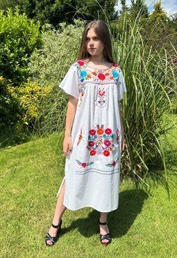 70's Vintage White Cotton Embroidery Short Sleeve Dress