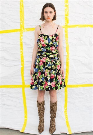 VINTAGE BLACK FLORAL MIDI SUMMER STRAP DRESS