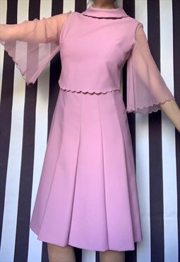 Vintage 80s lavender dress, sheer sleeves, pleated skirt
