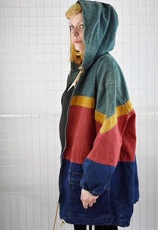 VINTAGE 80S HOODED OVERSIZED COLOUR BLOCK DENIM JACKET