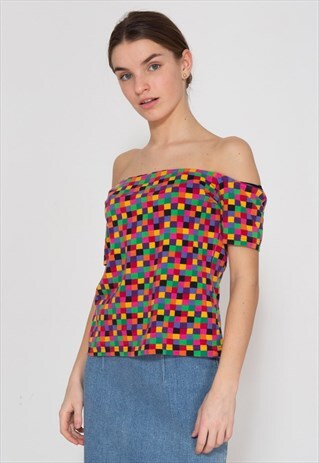 VINTAGE PURPLE RED KENZO JUNGLE CHECKERED OFF SHOULDER TOP