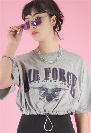 VINTAGE REWORKED CROP TOP IN GREY WITH AIR FORCE PRINT