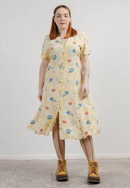 Vintage 90s Grunge Yellow Floral Button Up Front Dress L