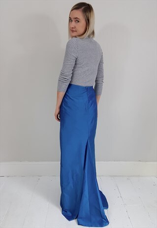 VINTAGE 90'S BLUE TAFFETA MAXI SKIRT WITH GODET TRAIN