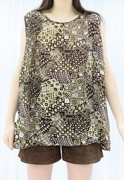 80s Vintage Brown & Beige Abstract Blouse  (Size L)