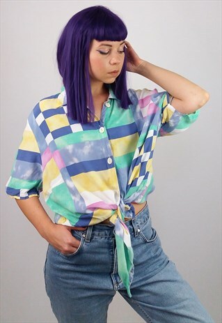 VINTAGE 80'S OVERSIZED RETRO PASTEL PATTERN BLOUSE SHIRT TOP