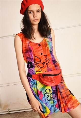 90'S RETRO PSYCHEDELIC FLORAL FESTIVAL MINI DRESS