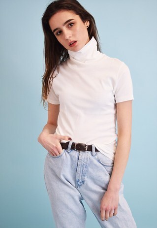 90'S RETRO GRUNGE TURTLENECK PURE WHITE JERSEY JUMPER TOP