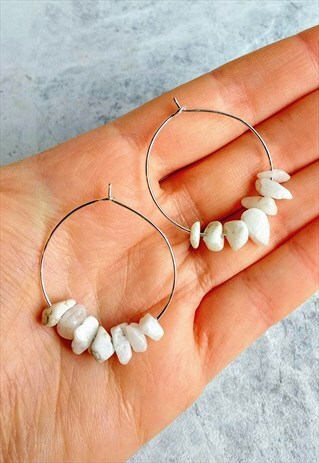 SNOW QUARTZ GEM STONE HOOP EARRINGS