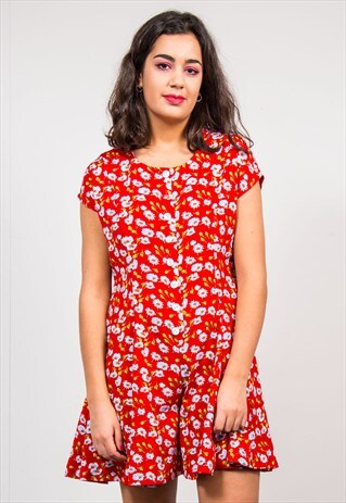 VINTAGE 90'S RED FLORAL PATTERN BUTTON FRONT CUTE DRESS