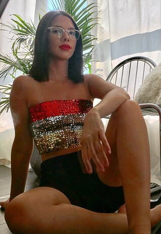 RED SILVER GOLD SEQUIN BANDEAU FESTIVAL CROP TOP