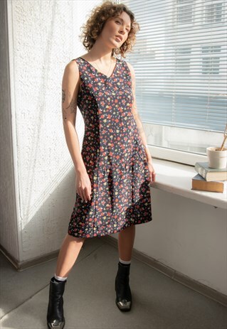 Vintage 80's Flower Print Midi Dress In Black