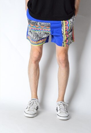 VINTAGE 80S BLUE COLOURFUL ABSTRACT FESTIVAL SHORTS