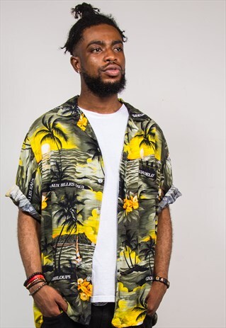 VINTAGE 90'S PALM LEAF HAWAIIAN PRINT SHORT SLEEVE SHIRT