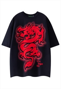 Dragon print t-shirt monster tee retro cartoon top in black