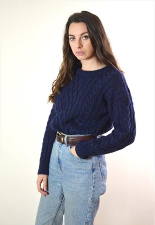 1990S VINTAGE NAVY BLUE CABLE KNIT THICK WOOL JUMPER