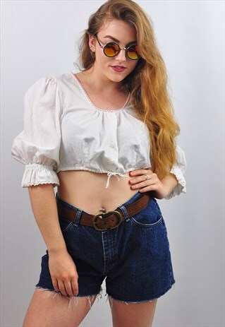 VINTAGE 1970S WHITE EMBROIDERED MILK MAID BOHO CROP TOP