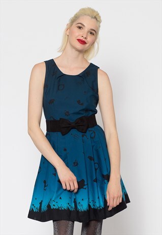 BLUE ALICE FALLING INTO WONDERLAND PRINT DRESS