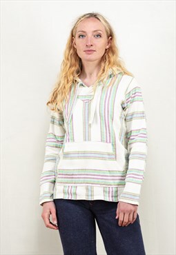Vintage 90's Striped Mexican Baja Hoodie in White and Multi