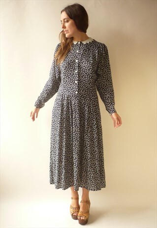 1990'S VINTAGE NAVY & WHITE NOVELTY BOW PRINT TEA DRESS