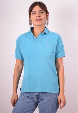 POLO RALPH LAUREN WOMENS VINTAGE POLO SHIRT MEDIUM BLUE 90S