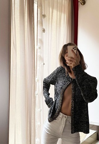 VINTAGE 90S KNITTED GREY KITSCH METALLIC Y2K CARDIGAN JACKET