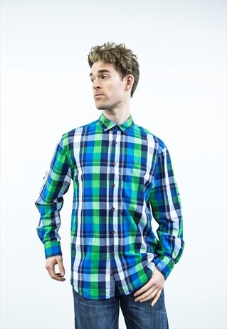 TOMMY HILFIGER VINTAGE 1990S BLUE AND GREEN CHECKED SHIRT