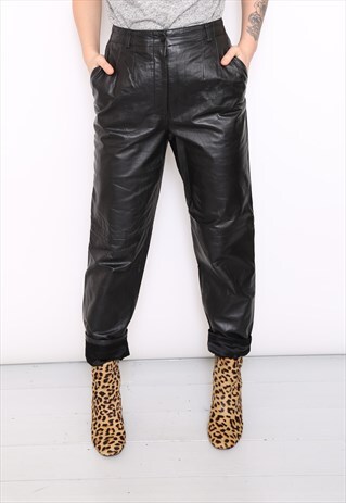 VINTAGE 80S BLACK LEATHER HIGH WAISTED TROUSERS