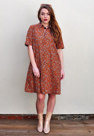 VINTAGE 70S ORANGE FLORAL HIPPY SHIFT DRESS