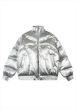 Silver bomber jacket futuristic metallic rave bomber in grey