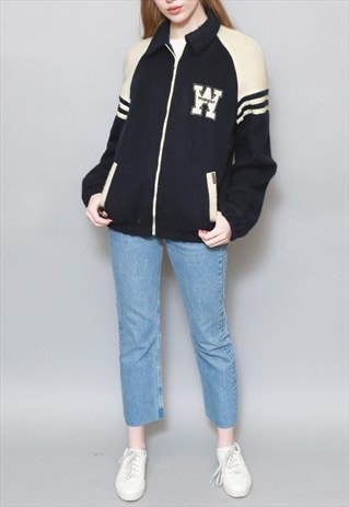 VINTAGE 1990'S WRANGLER NAVY BASEBALL BOMBER JACKET