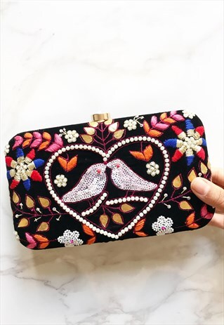 BLACK VELVET LOVE BIRD CLUTCH PEARLS SEQUINS EMBROIDERY