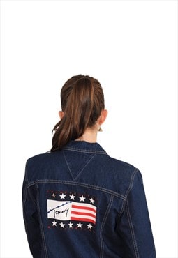 Vintage Tommy Hilfiger denim jacket spellout usa flag blue