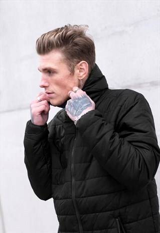 ZIP UP HOODED PUFFER PADDED JACKET - BLACK